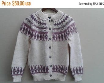 SALE Fisherman Fairisle Sweater Cream Pink Pure New Wool Made in Norway S M Vintage