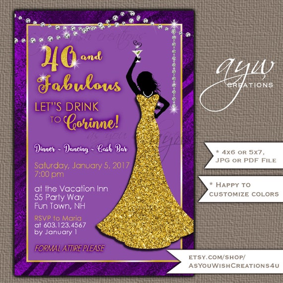 40th Birthday Party Invitations Woman Bling Dress 40th Womans