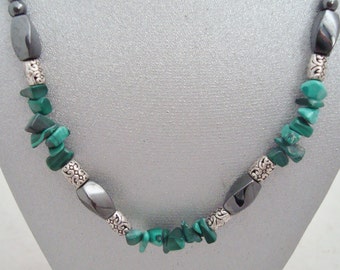 Magnetic Hematite Twist Necklace Featuring Malachite Chips with Silvertone Accents