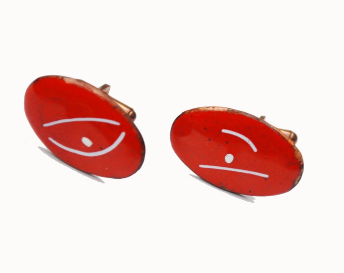 Red enamel Copper Cuff links - mid century modernistic - white red enamel swirl - oval cuff links
