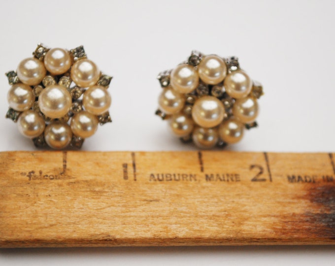 Sterling Pearl Earrings - Rhinestone - screw back earrings -white bead - wedding Bride