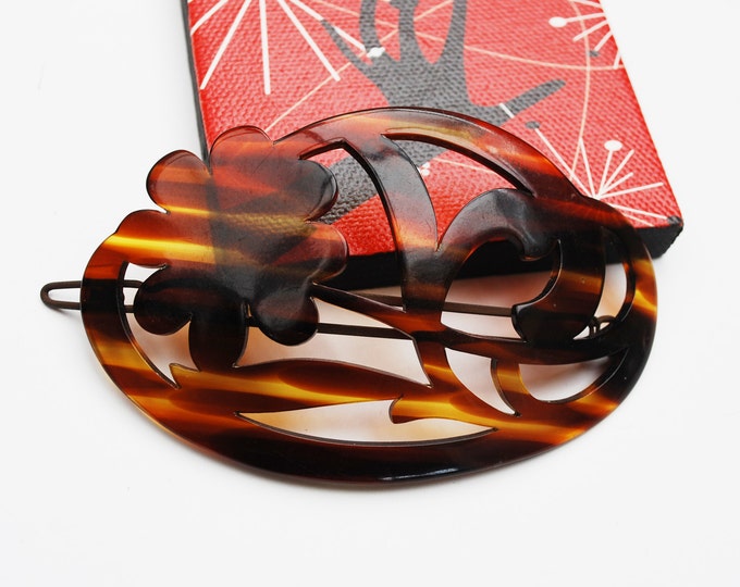 Tortoise shell lucite Barrette Hair clip - Signed Made in France - Floral Brown