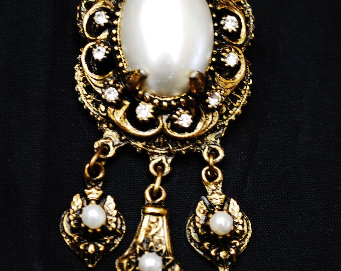 White Pearl Brooch Pendant- Clear rhinestone - Gold ornate scallop - Victorian Revival - Dangle pin