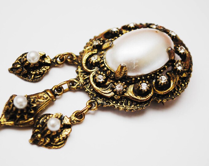 White Pearl Brooch Pendant- Clear rhinestone - Gold ornate scallop - Victorian Revival - Dangle pin