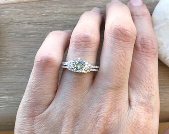 Aquamarine Bridal Set Ring- Aquamarine Promise Ring- Engagement and Wedding Ring- Prong Round Aquamarine Ring- March Birthstone Ring