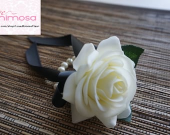 Ivory Rose Wrist Corsage, Off White Rose with Black ribbon on pearl bracelet