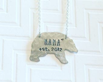 Mama Bear Necklace - Established Year - Hand Stamped Personalized - Gift For Her - Gift For Mom - Silver Bear - Heart