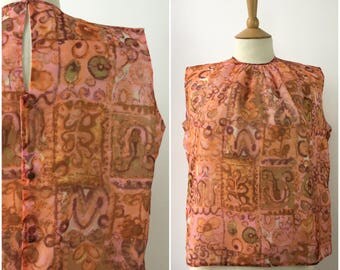 Vintage 1950s Top - 50s Tangerine Blouse - Abstract Floral Print Top - Pinup Rockabilly - Button Back Blouse - UK 12 14 16 - Medium/Large