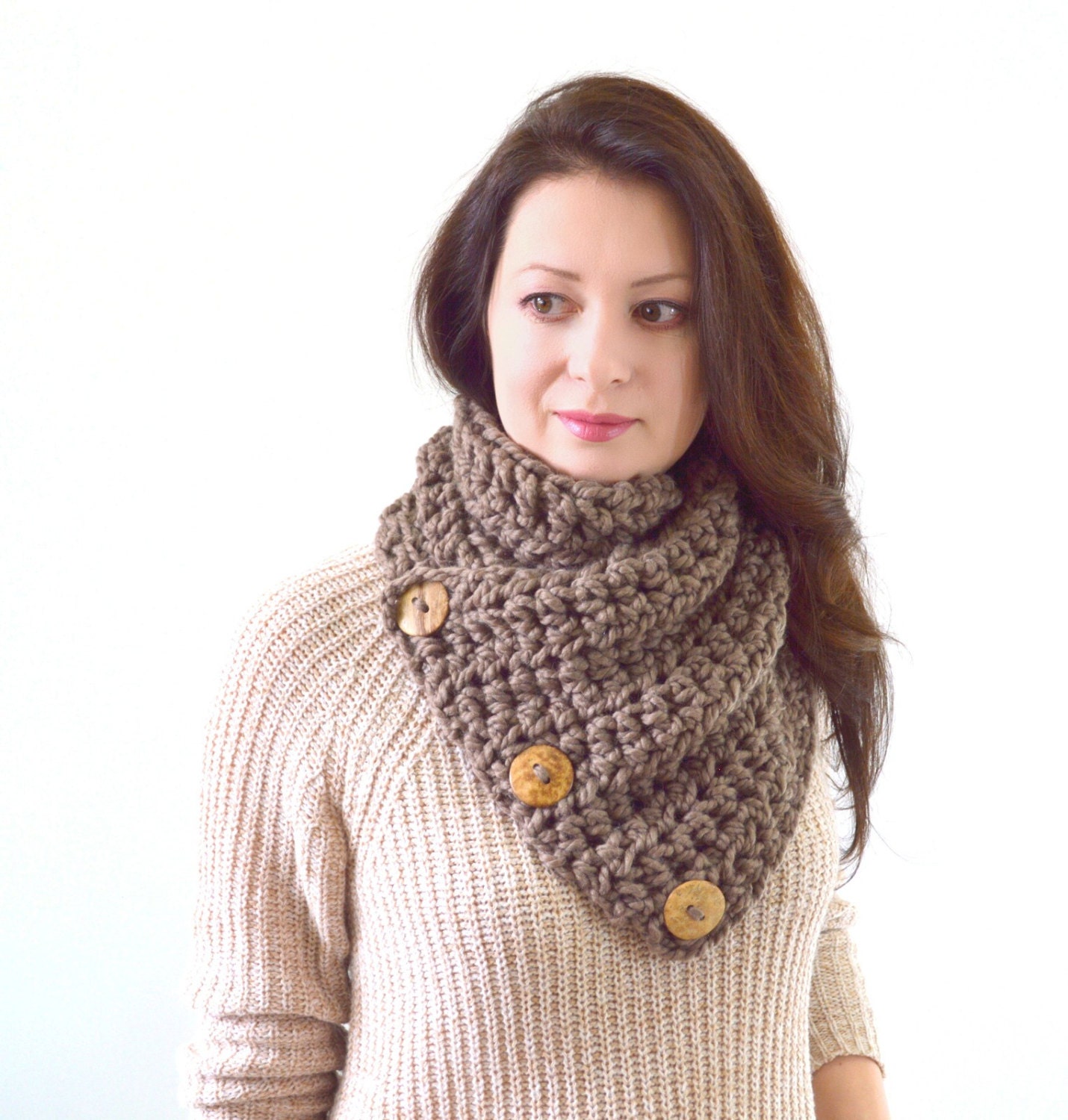 Crochet Chunky Neck Warmer Cowl Scarf with Three Natural