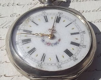 Antique Vintage French Pocket watch Silver engraved fob Time Piece enamelled face