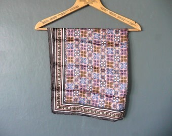 Vintage silk scarf - silk square scarf - pink brown and blue silk scarf - hand rolled silk scarf - stylised floral silk scarf