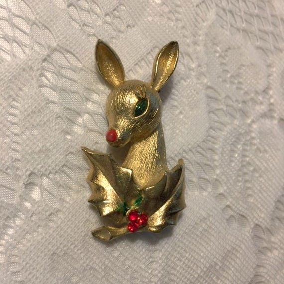 Christmas Rudolf Reindeer Brooch MYLU Gold Tone Vintage Pin