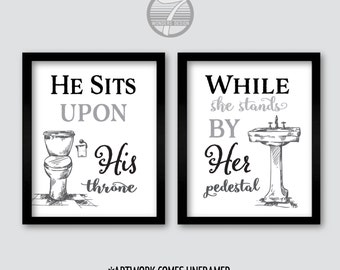 His Her Bathroom Wall Art Prints Set of (2) 5x7 Or 8x10 Sizes, Gray Black White, Modern Home Apartment Bathroom Decor - Unframed