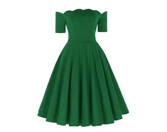 GREEN Off The Shoulder Dress//Rockabilly Pinup Short Sleeve Dress//Cocktail Party Bridesmaid Dress//3 Colors, Sizes S-XL