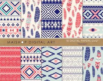 50% OFF SALE Tribal Digital Paper 'Navajo' Instant Download Geometric and Feather Patterns for Cards, Scrapbook, Invitations, Stickers...
