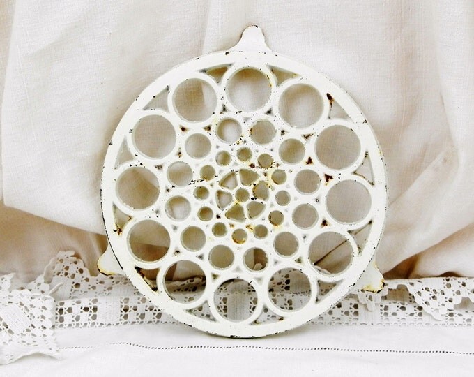 Large Round Antique French Cast Iron White Chippy Enamel Trivet, Hot Plate, Heat Mat, Cottage Kitchen, French Country, Kitchenware, Shabby