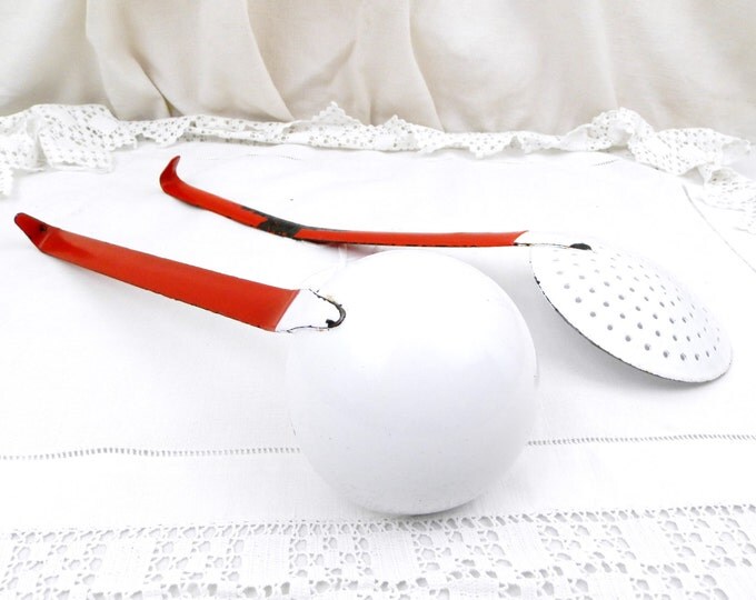 Vintage French Red and White Chippy Enamelware Matching Ladle and Strainer, French Country Decor, Kitchen, Cooking Utensil, Retro Home