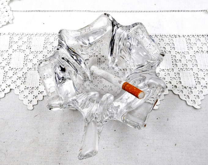 Large Vintage Murano Style Art Glass Mid Century Four Leaf Clover Clear Crystal Glass Ashtray / Bowl / Cigar Bowl, Retro Vintage Home