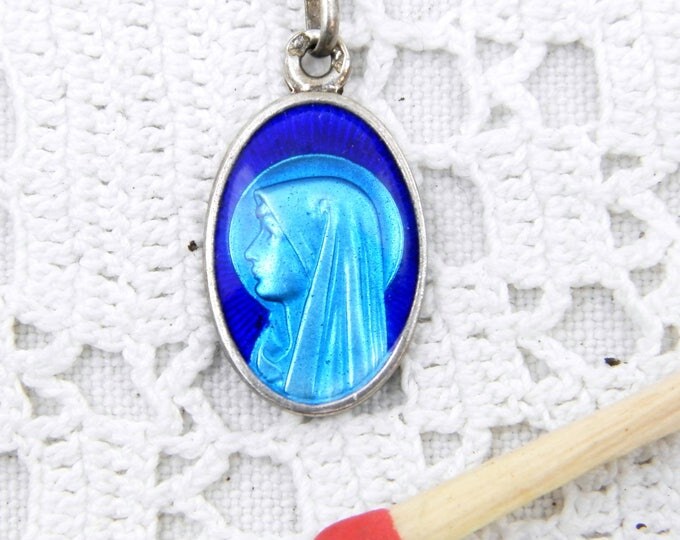 Vintage French Religious Silver Alloy Metal and Blue Glass Enamel Medal Virgin Mary from Lourdes, Religion, Christian, Catholic, Our Lady Vintage French Religious Silver Alloy Metal and Blue Glass Enamel Medal Virgin Mary from Lourdes, Religion, Christian, Catholic, Our Lady