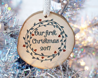 Our First Christmas Ornament, Newlywed Ornament, Tree Slice Ornament, Rustic Ornament