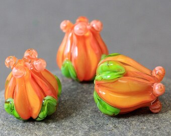 Handmade Lampwork Beads Bud Pansy Orange, Lampwork Beads, Sculpted glass Beads, Floral Lampwork beads, Lampwork Flower Beads, Lampwork beads