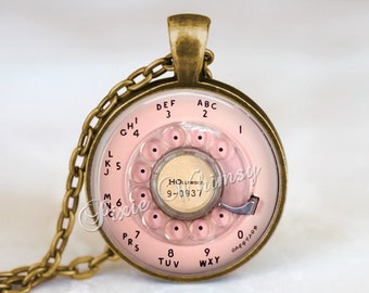 PINK TELEPHONE Dial Necklace Pendant Keychain Jewelry Vintage Pink Rotary Phone Retro Telephone Vintage Phone Kitsch 1950's 50s Mid Century