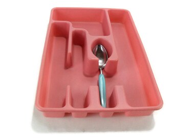 Vintage Cutlery Tray * Pink Silverware Holder * Kitchen Utensil Organizer * Plastic Flatware Divider