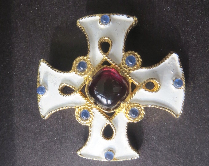 Vintage Castlecliff Maltese Cross Brooch, Malta Cross ,Enamel & Gripoix Glass, Designer Signed, Heraldic Jewelry