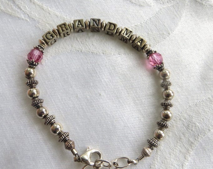 Sterling Grandma Bracelet, Vintage Bead Bracelet, Pink Crystals, New Grandma Gift, Grandma Jewelry