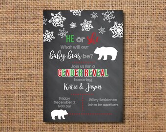 Gender Reveal Invitation, Gender Reveal Party Invite, Christmas Gender Reveal, Christmas Baby Announcement, Pregnancy Reveal, Baby Bear