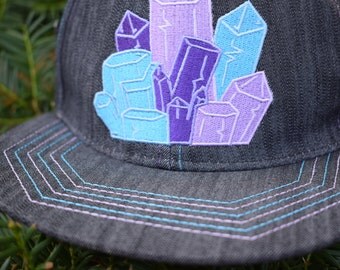 BLUE Hemp Snapback Flatbill Hat Crystal Cluster Megaqhron x Lyrical Visions Collab Limited Edition Stash Pocket Festival Gear Gem Lovers
