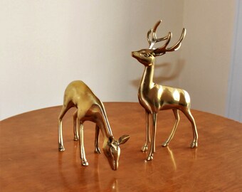 Brass Buck and Doe Set of Two Vintage Deer