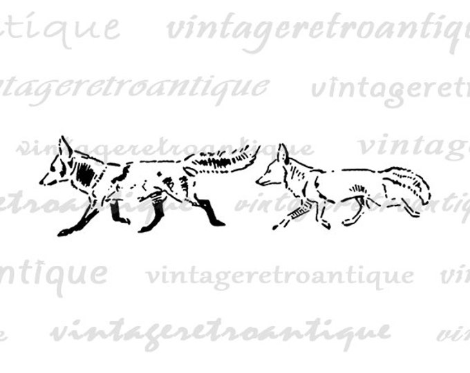 Running Foxes Graphic Digital Printable Illustration Download Image Vintage Clip Art Jpg Png Eps HQ 300dpi No.940