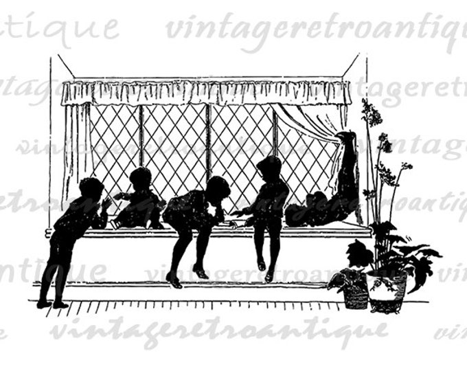 Children By Window Silhouettes Printable Graphic Image Digital Download Vintage Clip Art Jpg Png Eps HQ 300dpi No.2979