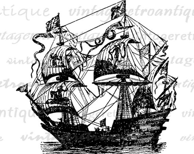 Digital Graphic Antique Ship Download Printable Vintage Boat Image Illustration Clip Art for Transfers Making Prints etc HQ 300dpi No.2217