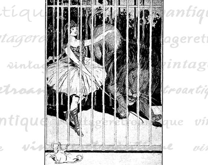 Printable Graphic Circus Girl with Lion Image Download Digital Illustration Vintage Clip Art Jpg Png Eps HQ 300dpi No.1927