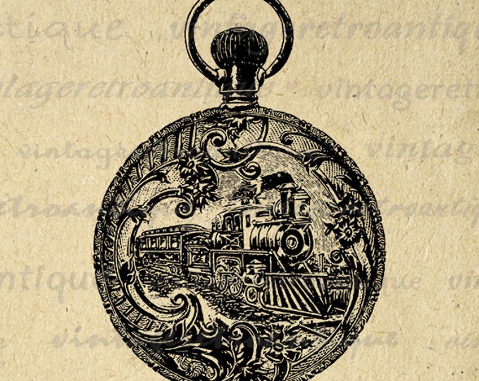 Antique Pocket Watch with Train Engraving Image Digital Download Graphic Printable Artwork Jpg Png Eps HQ 300dpi No.1687