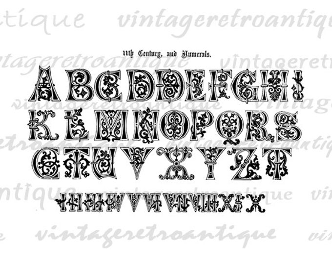 Printable Ancient Alphabet with Numerals Digital Download Classic Letters Antique Image Graphic Vintage Clip Art HQ 300dpi No.400