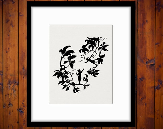 Printable Digital Fairies on Tree Branch Silhouette Graphic Download Image Vintage Clip Art Jpg Png Eps HQ 300dpi No.2098