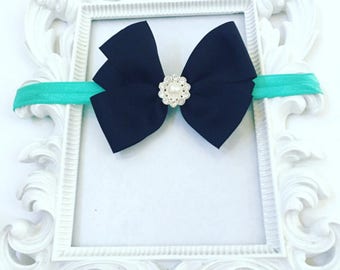 Girls 3 Inch Handmade Black Hair bow With Rhinestone, Turquoise Girl's Custom Hair bows, Custom Turquoise Headbands/Bows For Girls,