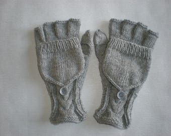 Handknitted medium grey color women convertible fingerless gloves to mittens with buttons