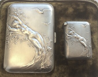 Unused antique sterling silver cigarette cases vesta cases CHARLES MURAT NUDES cased antique cigarette