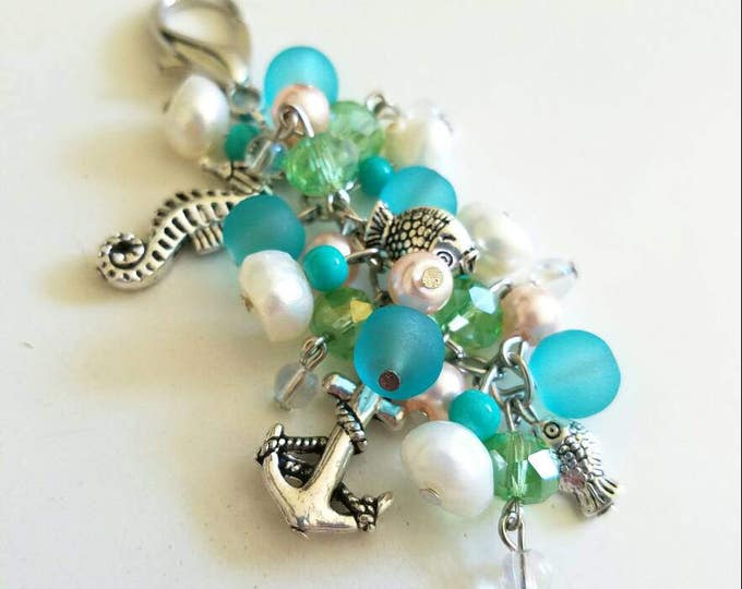 Nautical Blue Green White Salmon Teal Pearl Seahorse Anchor Fish Beaded Lobster Hook Keychain
