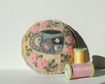 Handmade Felted Wool Embroidered Broken China Crazy Patch Pincushion