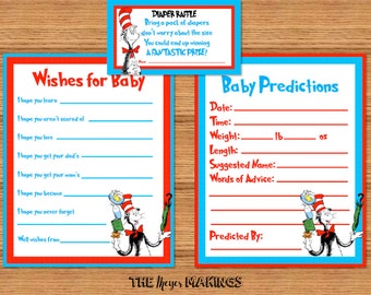 Dr Seuss Cat In The Hat Baby Shower Prediction, Well Wishes & Diaper Raffle Cards *INSTANT DOWNLOAD*