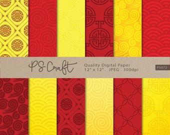 Red and Gold Digital Paper, Chinese New Year Digital Paper, Asian Red Digital Paper