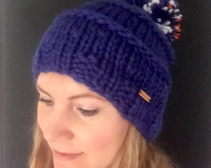 Bronco Inspired Blue Slouchy Winter Hat with Super Large Pompom. Chunky Knit Beanie with Orange, White and Navy Blue Extra Large Pompom
