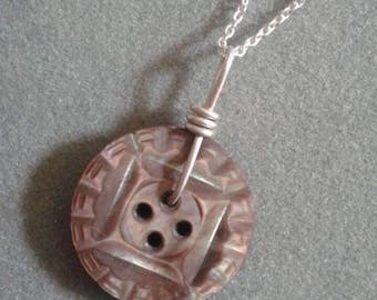 Black Mother of Pearl Button Sterling Silver Wire Wrapped Pendant