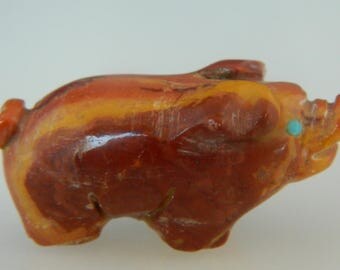 Native American Zuni Red Orange Dolomite Turquoise Pig Fetish - Stanton Hannaweeke