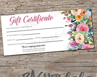 Custom, Watercolor Floral, Gift Certificate, printable
